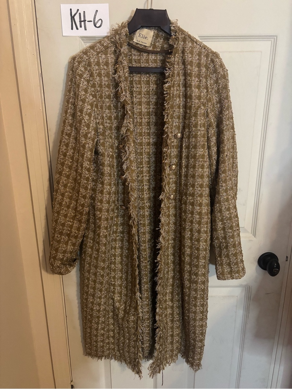 Elie Tahari Tan & Cream Tweed Fringe Trim Long Coat